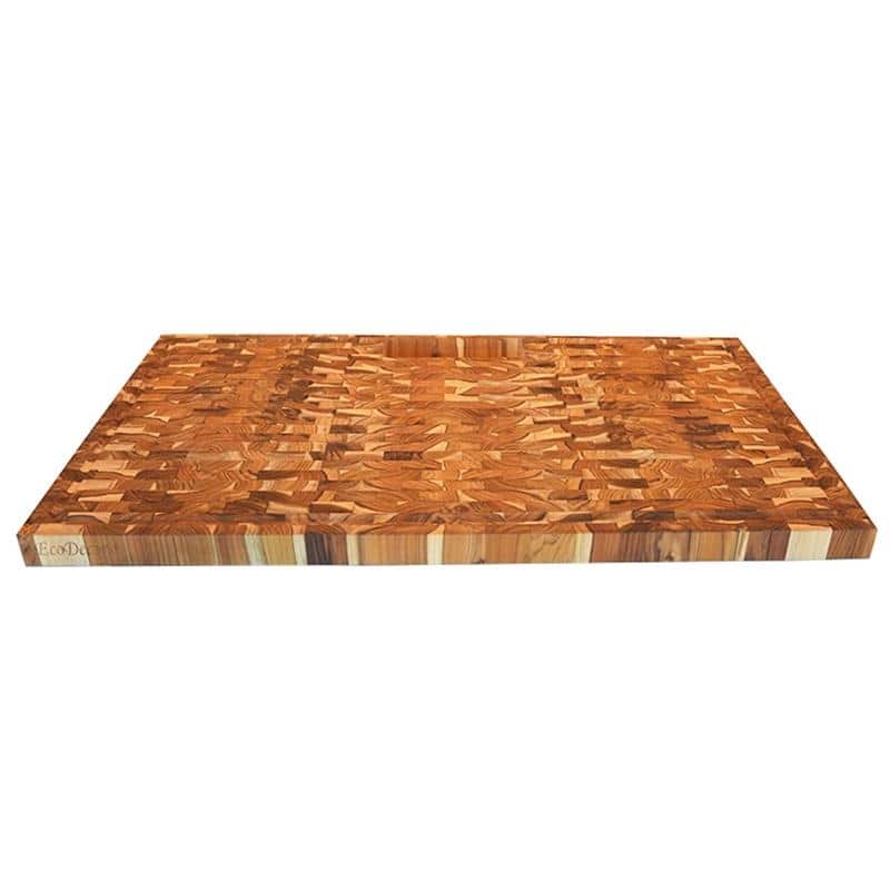 EcoDecors Extra Large Solid Teak Butcher Block 34 x 20 End Grain Cutting Board with Juice Groove, Waste Slot, Integrated Handles