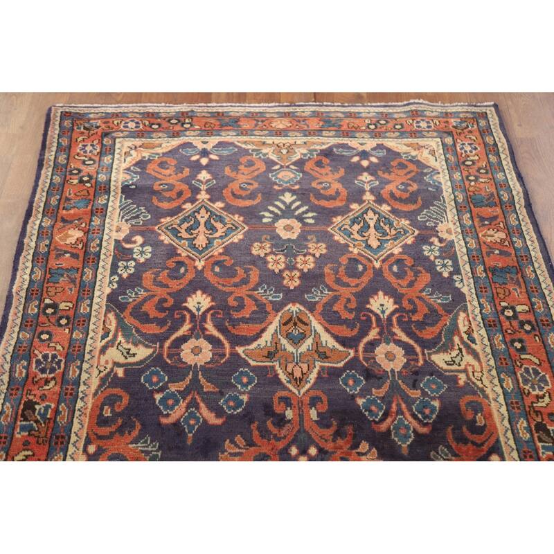 Hand Knotted Oriental 100% Wool Carpet Traditional Geometric Navy Blue & Blues Mahal Runner Rug - 10' 8'' X 3' 5''