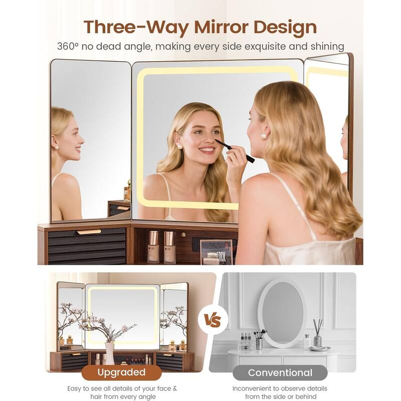 Corner Vanity Desk with Lighted Mirror Drawers Shelves Storage Stool