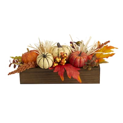 16" Harvest Pumpkin and Berries Artificial Arrangement in Wood Vase