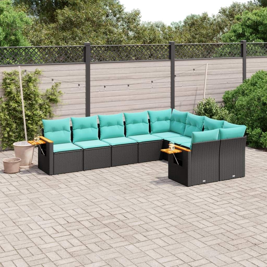 vidaXL 9 Piece Patio Sofa Set with Cushions Black Poly Rattan