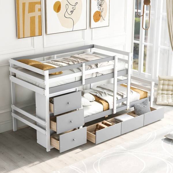 slide 2 of 8, Twin Over Twin Low Bunk Bed with Storage Drawers & Ladder, Grey Grey - Twin