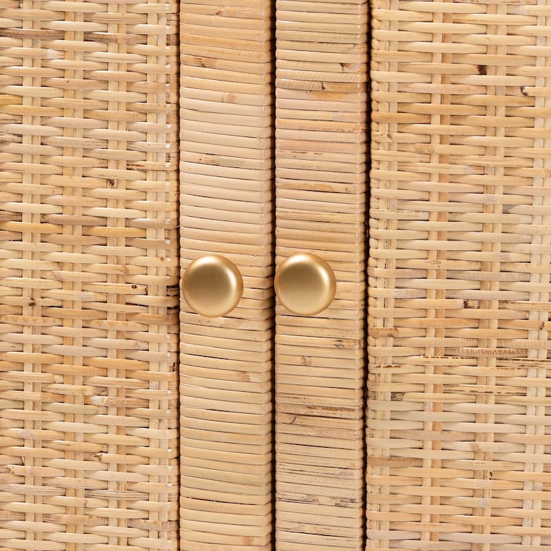 Mortis Natural Rattan Open-Shelf Storage Cabinet - 4-Tier Display Shelf with Double Door Base, Coastal Boho Wicker Bookcase