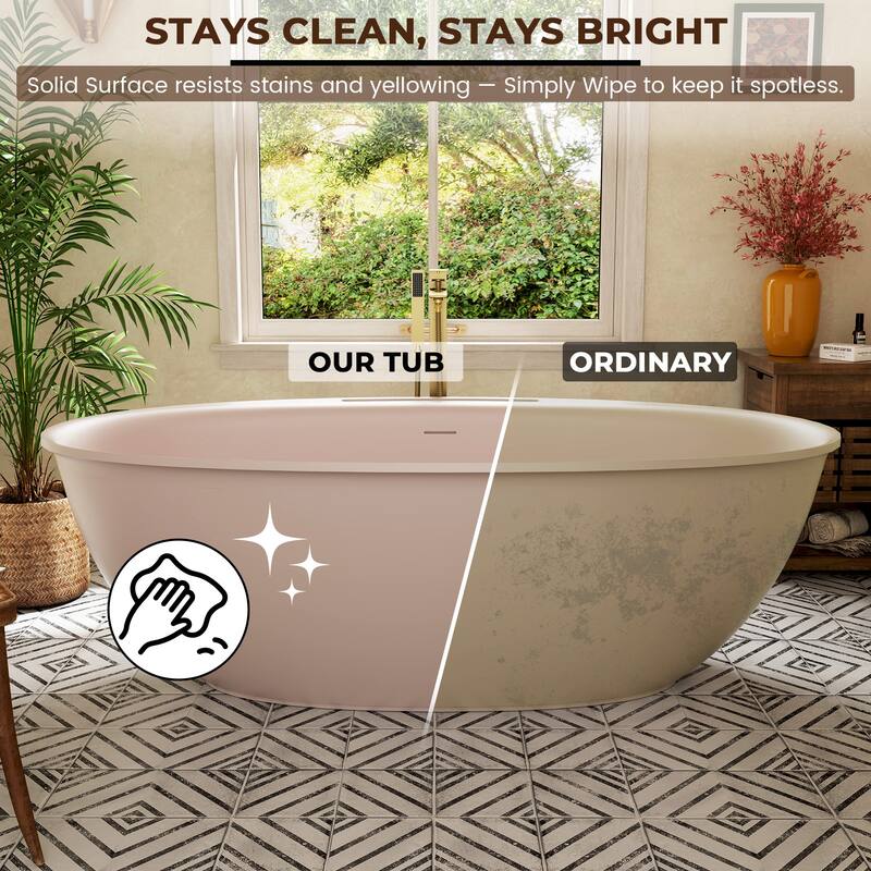Luxury Flatbottom Solid Surface Freestanding Soaking Bathtub with Discreet Towel Slot and Drain Assembly