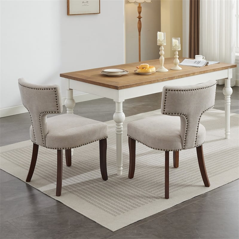 Set of 2 Linen Fabric Upholstered Curved Backrest Accent Dining Chairs