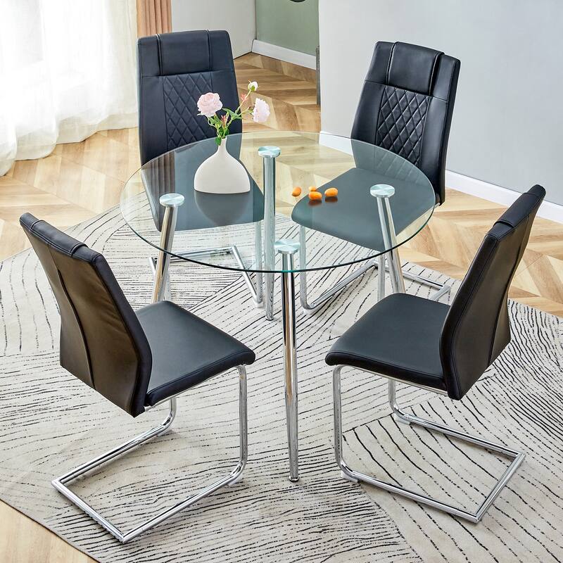 Modern 5-Piece Dining Set with Round Glass Top & 4 PU Upholstered Chairs