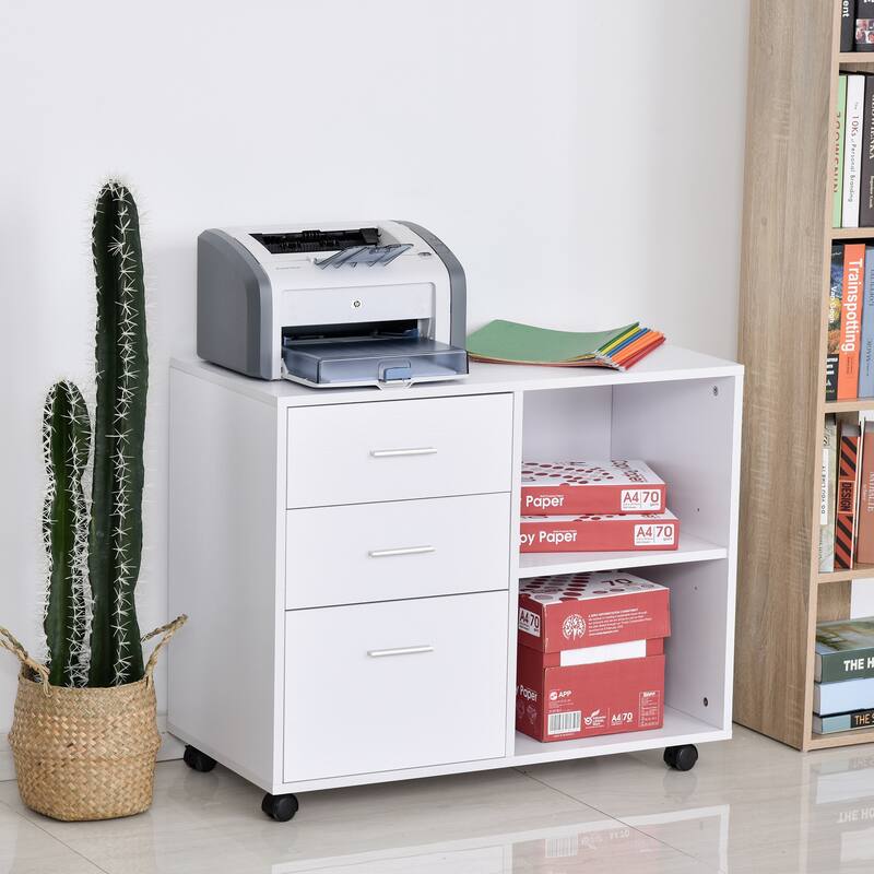 HOMCOM Indoor Office Storage Cabinet with 3 Storage Drawers, Open Shelving, & Wheels