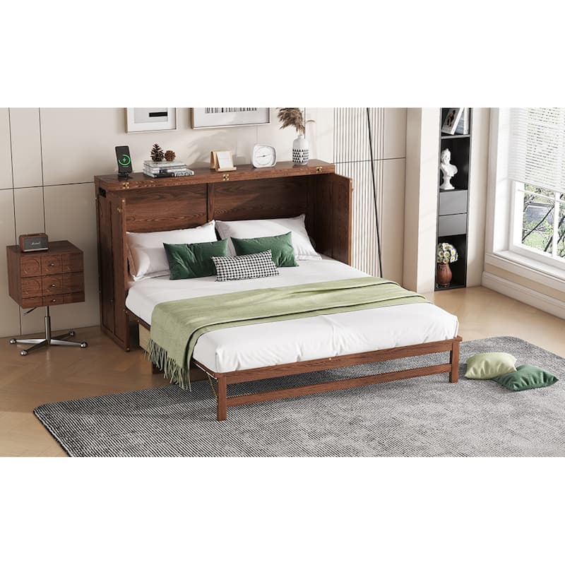 Roomfitters Queen Murphy Bed Cabinet with Storage Compartment, Charging Station with USB, Solid Pine Wall Bed