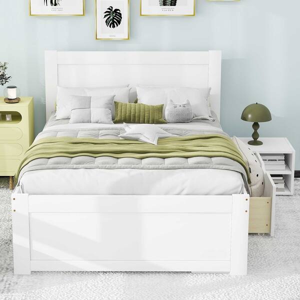 slide 2 of 10, Twin Size Platform Bed with Storage Drawer, Wooden Bed with Two Shelves, Space-saving Bed with Headboard, White White