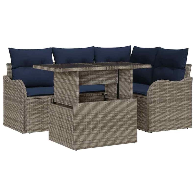 vidaXL 5 Garden Sofa Set with Cushions Black/Brown/Grey Poly Rattan - 69.9 x 48.2 x 27.2