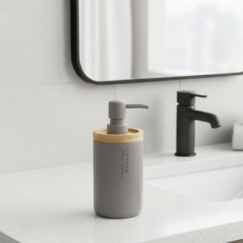 Elegant Soap Dispenser - Polyresin and Bamboo Design, Refillable Liquid Pump - 3 L x 3 W X 7 h - Gray