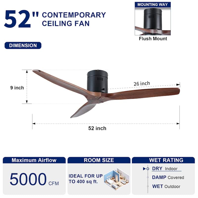 52In. Farmhouse Indoor Flush Mount Low Profile Ceiling Fan with Solid Wood Blades and Remote Control