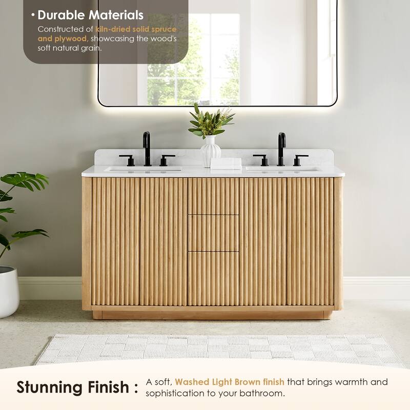 Clayton Bathroom Vanity in Washed Light Brown with Grain White Engineered Stone Countertop without Mirror