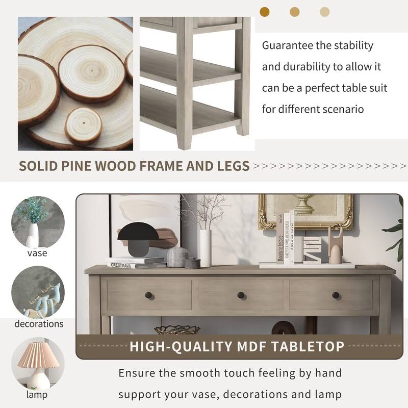 Retro Console Table Sofa Table with 2 Open Shelves and 3 Drawers, Pine Solid Wood Frame and Legs for Living Room, Entryway