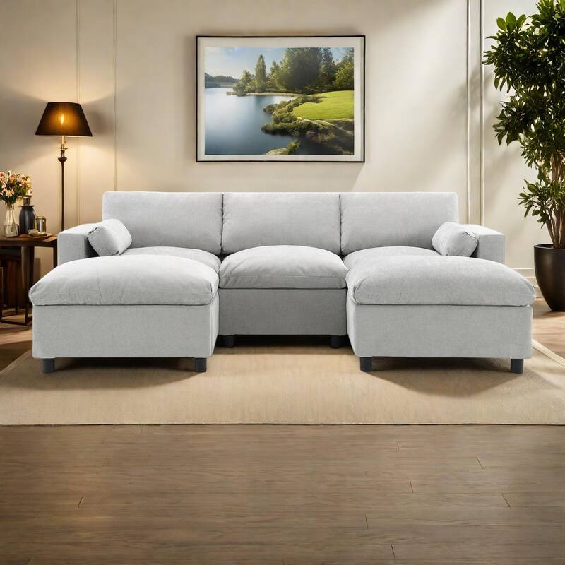 86.5" Chenille Modular Sectional Sofa with Storage Pockets, 5-Seater U-Shaped Couch Set amd 2 Movable Ottomans - Mediumgrey