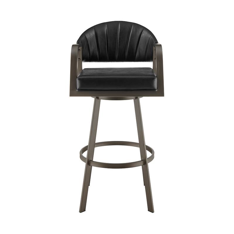 Marcy Swivel Barstool Chair, Iron Frame, Black Channel Tufted Faux Leather