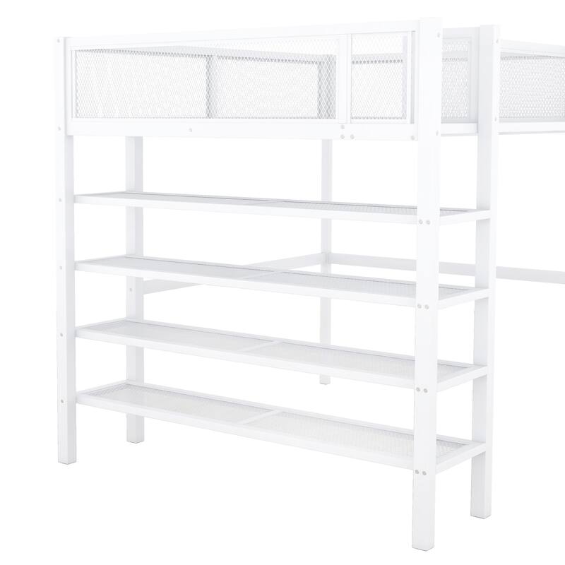 Full Size Metal Loft Bed with 4-Tier Shelves and Storage, Black