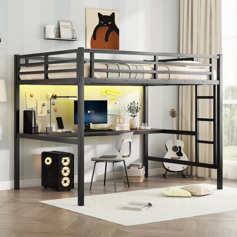 Metal Full Size Loft Bed with Wood Desk, USB, Power Outlet and LED Lighted, High Loft Bed with Ladder and Safety Guardrails