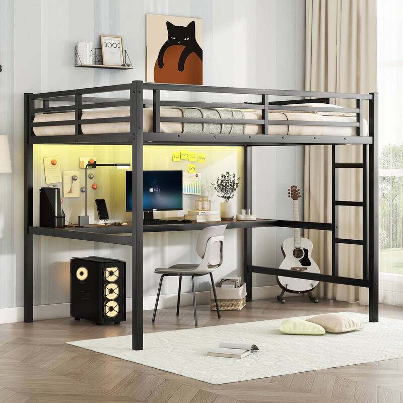 Space-Saving Metal Loft Bed with Desk, USB Charging, and LED Lighting