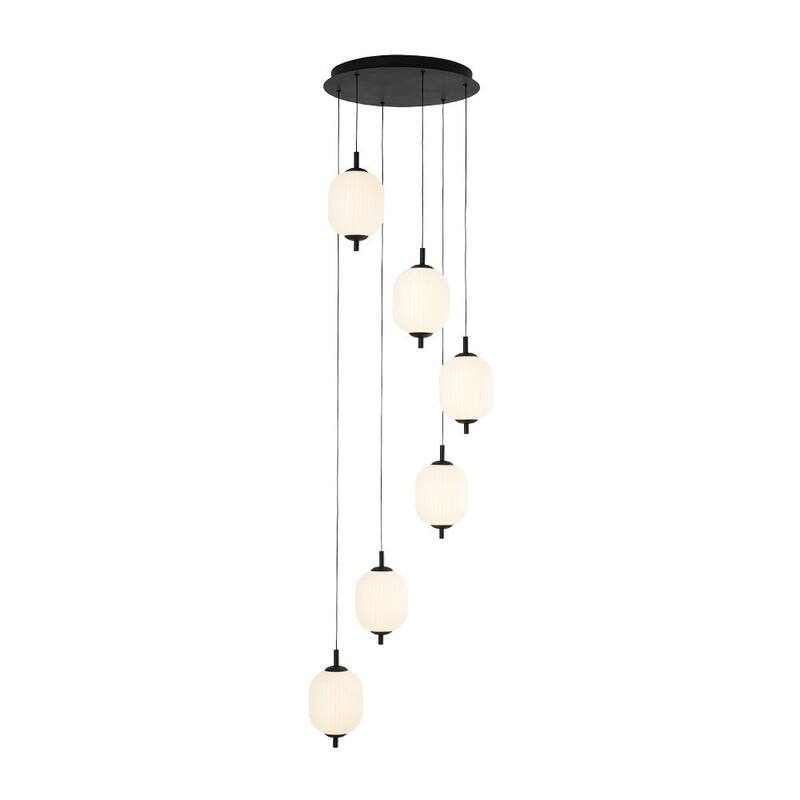 Modern 6-Light Meteor-Style Dimmable LED Pendant with Ribbed Acrylic Shade - Matte Black