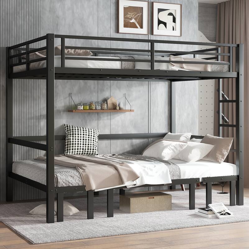 Queen Over Queen Size Pull-Out Bunk Bed, Lower Bunk Can Be Pulled Out In Three Sections, Top Bunk Equipped With Safety Rails