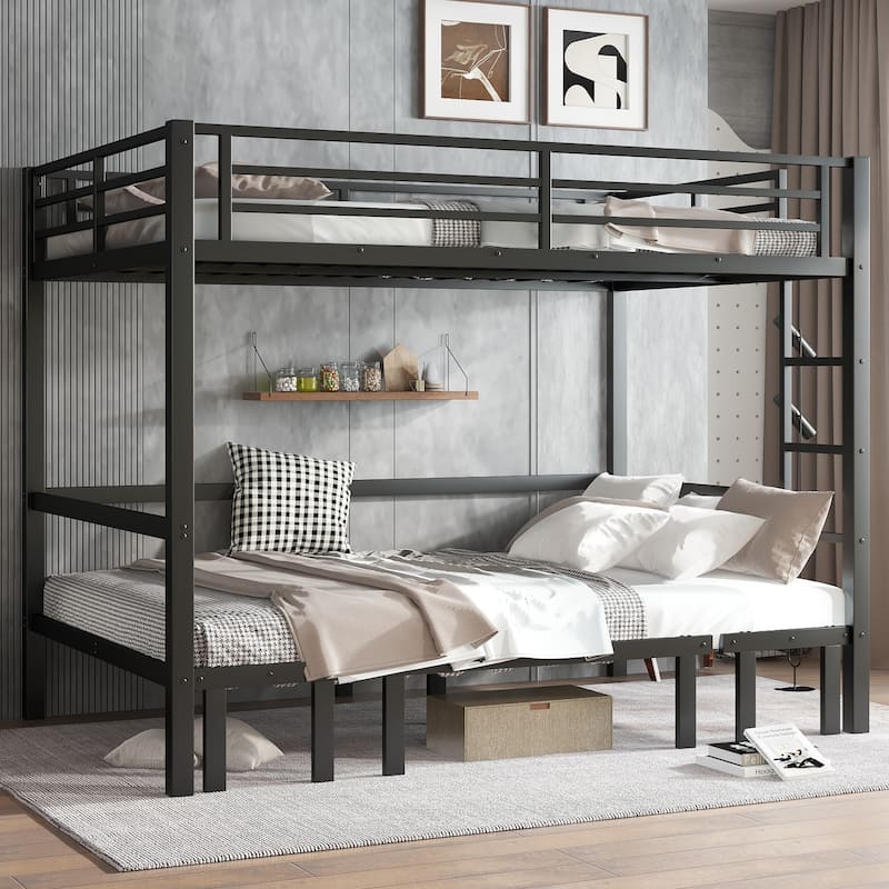 Queen over Queen Pull-Out Metal Bunk Bed with Safety Rails and Convertible Lower Bunk