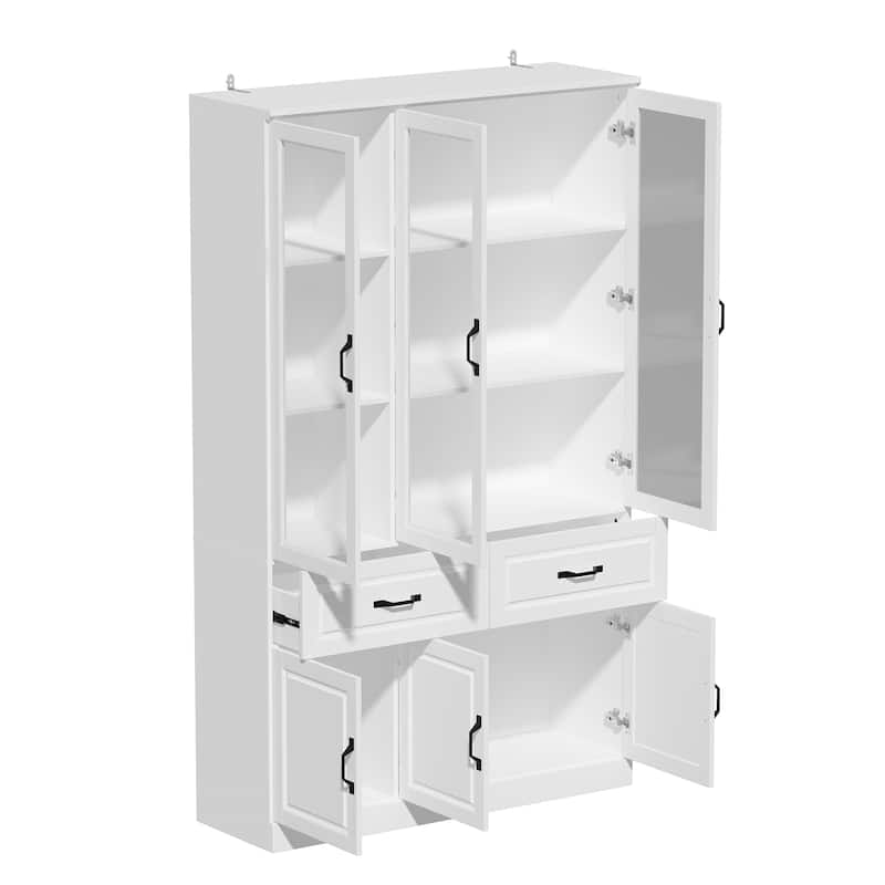 78.7"Modular White Curio Bookcase Cabinet w/Glass Doors Buffet Display