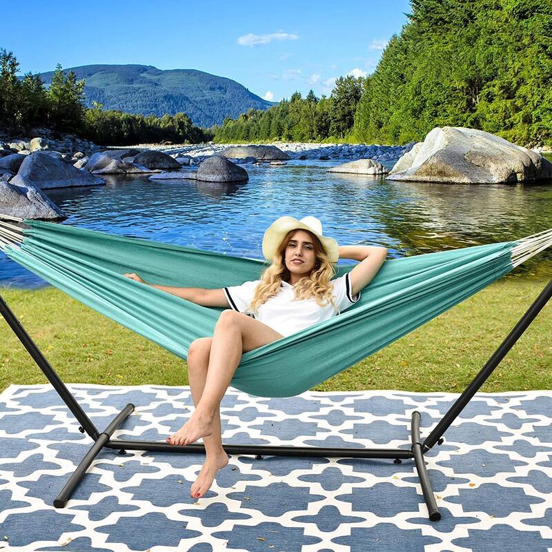Double Cotton Hammock with Heavy Duty Steel Stand