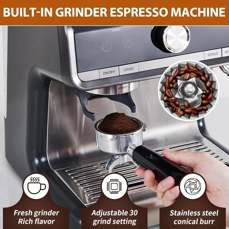 20 Bar Barista-Grade Espresso Machine with Conical Burr Grinder & Steam Wand, Dark Grey