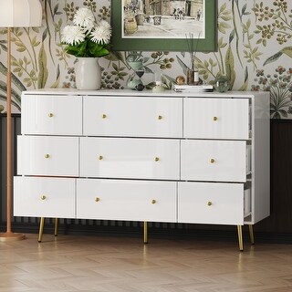 Sleek White Dresser with 9 Drawers and Gold Knob Handles Chest Glossy ...