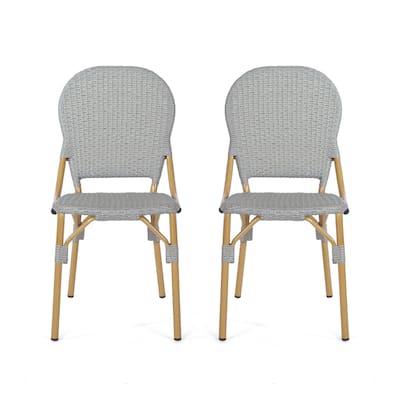 Outdoor Bistro Chair Set of 2, Gray Faux Rattan, Natural Brown Metal