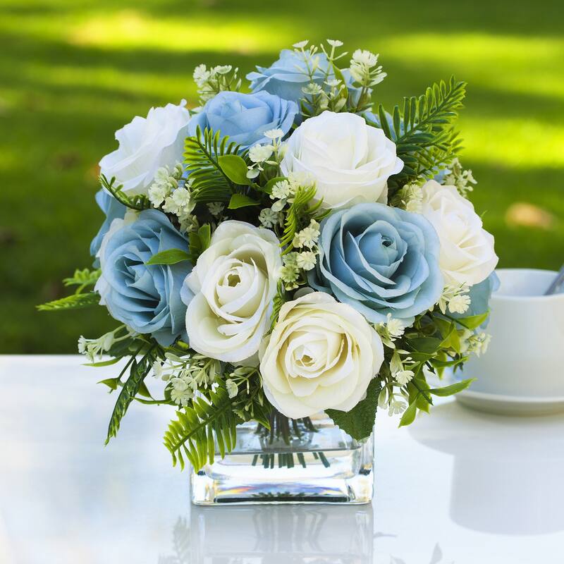 Enova Home Mixed Blue and Cream Artificial Silk Roses Faux Flowers Arrangement in Cube Glass Vase for Home Wedding Decoration