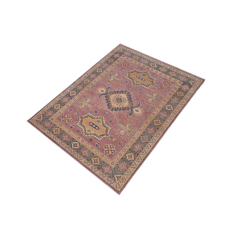Rustic Kazak Kian Purple/Light Blue Wool Rug - 4'0'' x 5'10''