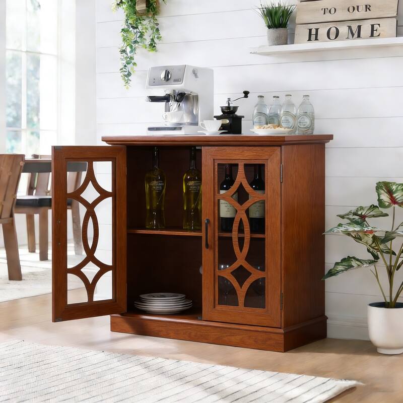 Anmytek Dark Oak Storage Sideboard Buffet Cabinet with Glass Doors & Adjustable Shelf for Dining Kitchen Living Room