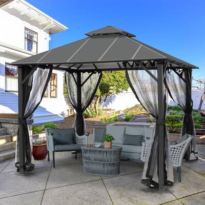 10 ft. Double-Roof Hardtop Outdoor Patio Gazebo with Netting