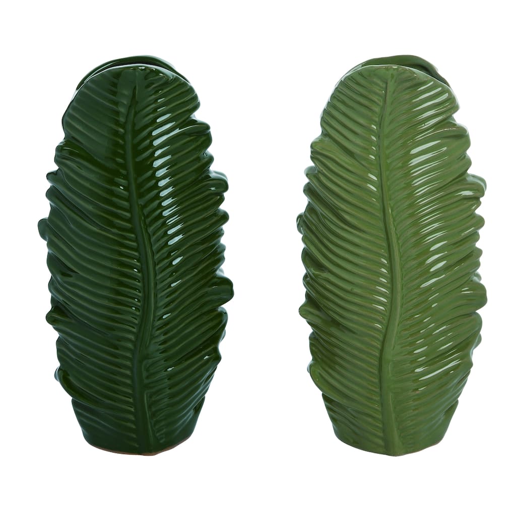Transpac Ceramic Green Leaf Shaped Vase Set of 2, Home Decorations Tabletop Mantel 10.5 inch H.