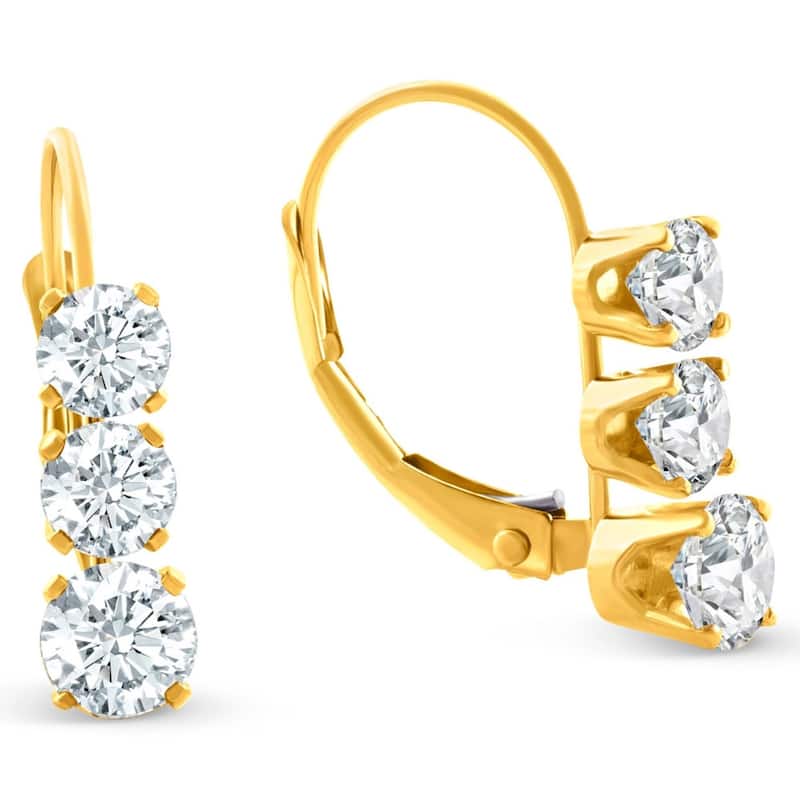 1/2ct 3 Stone Diamond Earrings Yellow Gold Lever Back Hoops