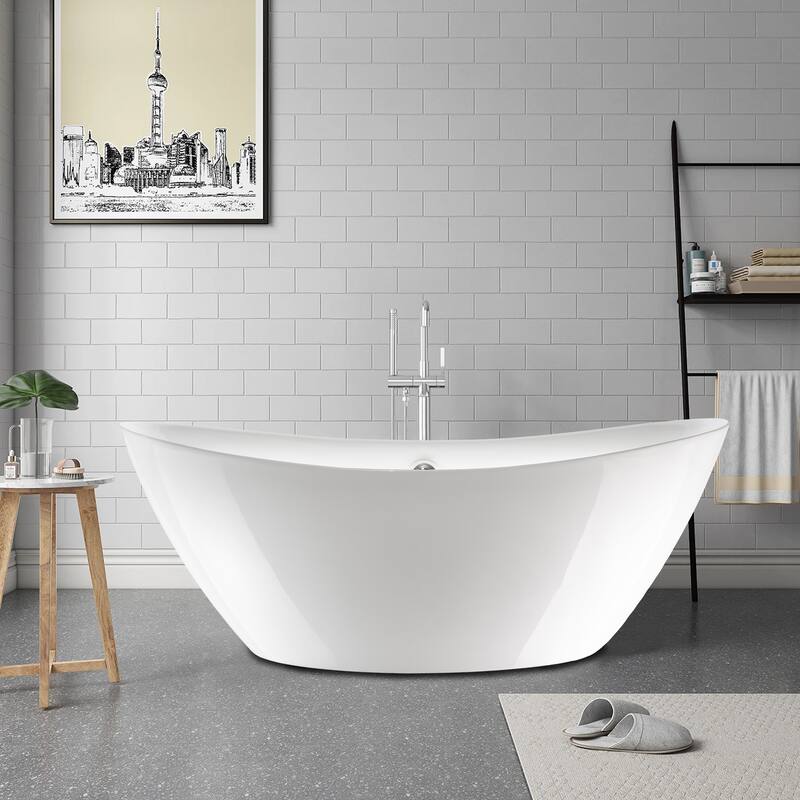 Vanity Art 71" Freestanding Acrylic Soaking Bathtub with Slotted Overflow & Pop-up Drain - 71/Soaking - White/Classic Chrome