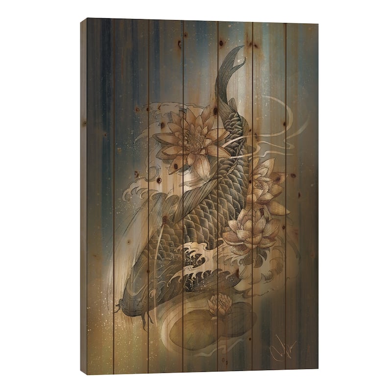 Koi And Lotus Print On Wood by Marine Loup - Multi-Color - 26x18x1.5
