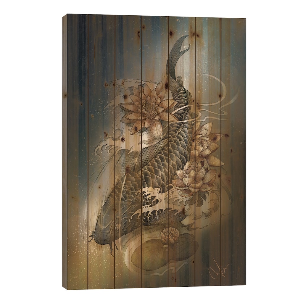 Koi And Lotus Print On Wood by Marine Loup - Multi-Color