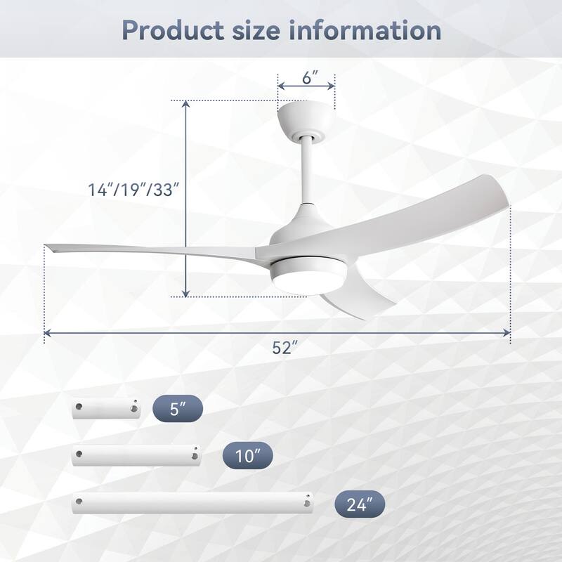 52 Inch Modern White Ceiling Fan with 18W LED Light and Remote Control 3 ABS Blades Noiseless Reversible DC Motor