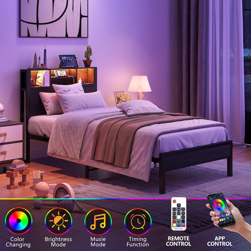 Full Size Metal Platform Bed with Storage Headboard and Charging Station, RGB LED Lighting, Under-Bed Storage, Noise-Free Design