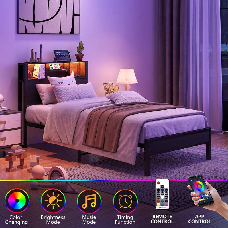 LED Twin Bed Frames Metal Platform Bed with Charging Station and Bookcase Storage