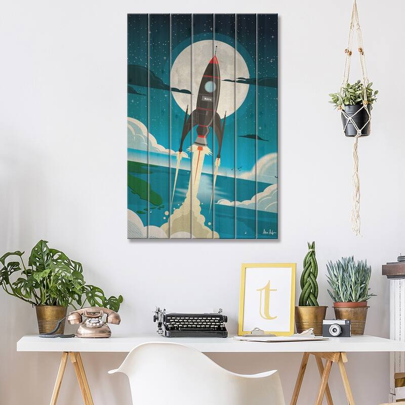 Rocket To The Moon Print On Wood by IdeaStorm Studios - Multi-Color