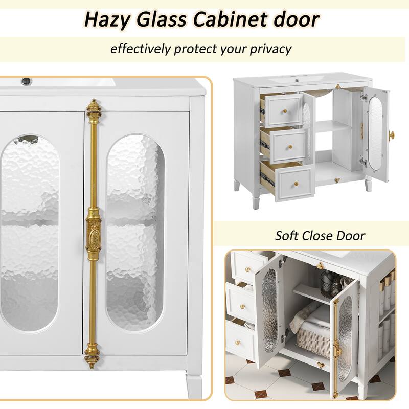 36" Bathroom Vanity with Soft-Close Doors - Solid Wood Storage Cabinet with 3 Drawers, Modern Design