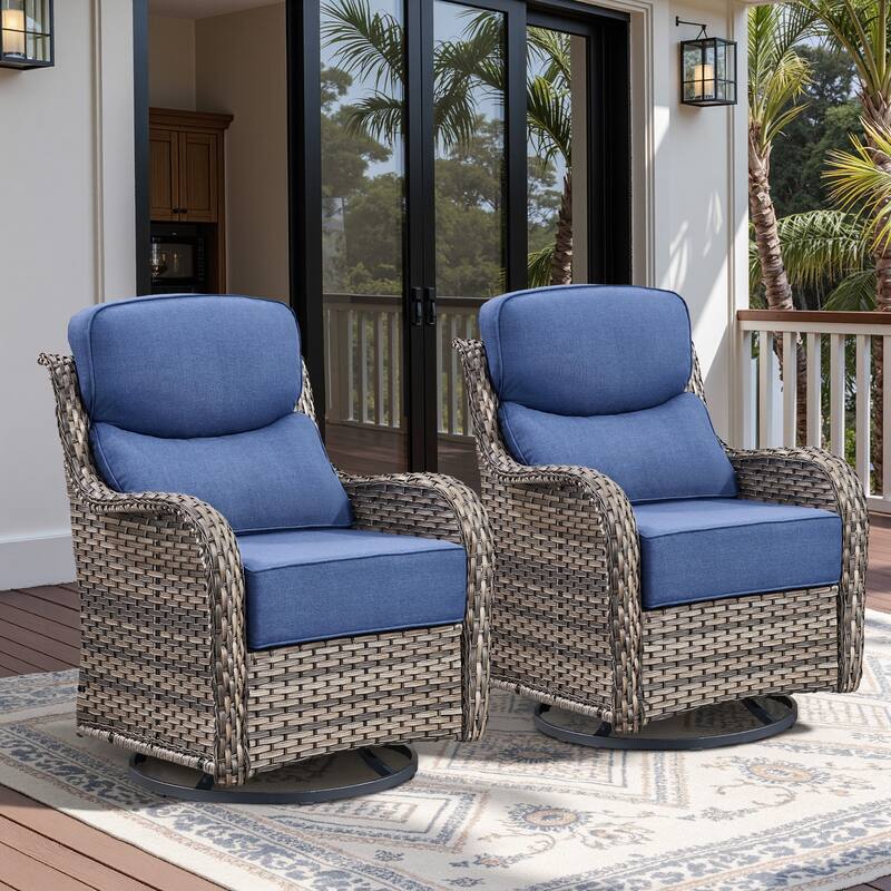 Arcadia Wicker Patio Swivel Glider Chairs with 6-Inch Cushions (2-Pack) - Gray Wicker - Navy Blue Cushions
