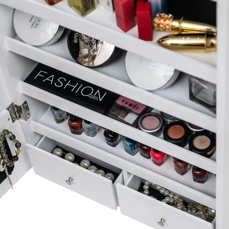 4-Layer Shelf, 2 Drawers, 8 Blue LED Lights, Jewelry Storage Mirror Cabinet