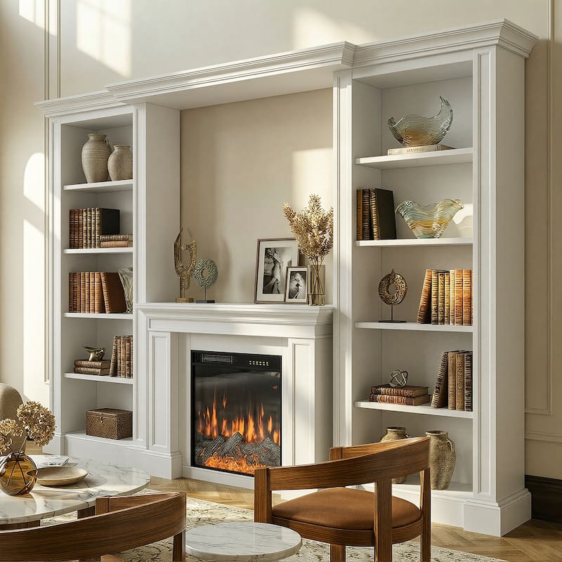 Electric Fireplace Mantel with Bookshelves, 115.5" Entertainment Center with Built-in Shelving