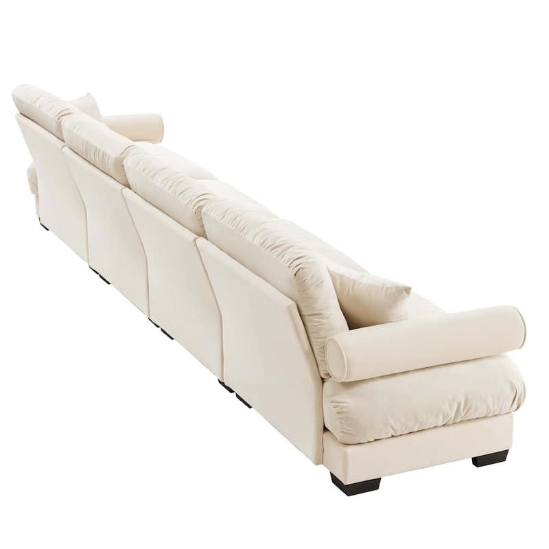 166" Velvet 4-Seater Sofa with Bolster Armrests, High-Resilience Sponge Cushions