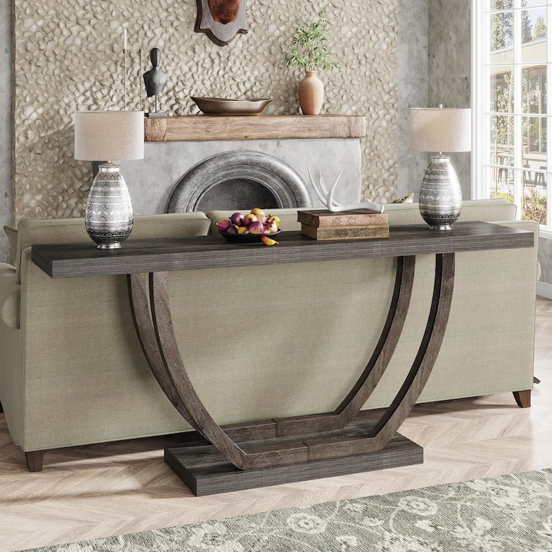 63 Inches Brown Wood Console Table with Geometric Base for Living Room - Dark Grey